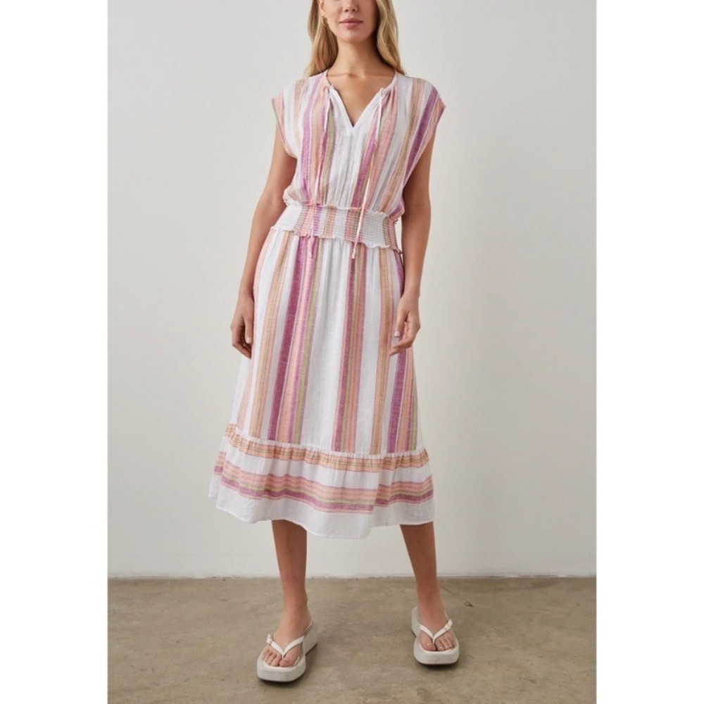 Rails Ashlyn Hibiscus Striped Midi Dress Smocked‎ Waist Sleeveless Boho Size S